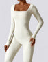 Bodycon Jumpsuit - Long Sleeve Leg Long - Beige