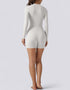 Half Zipper Jumpsuit Shorts Long Sleeve - Beige