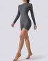 Long Sleeve Half Zipper Bodycon Jumpsuit Shorts - Grey