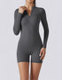 Long Sleeve Half Zipper Bodycon Jumpsuit Shorts - Grey