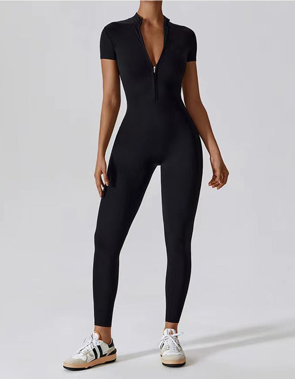 Short Sleeved Zip Up Yoga Jumpsuit - Midnight Black