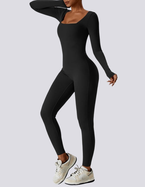 Square Neck Long Sleeve Jumpsuit in Black