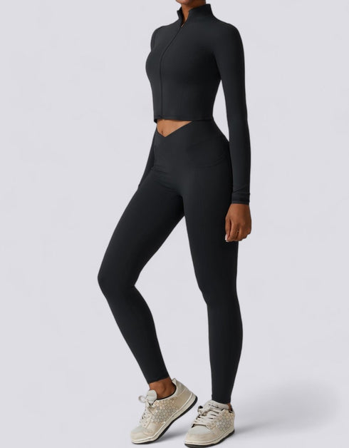 Women's Athletic Yoga Set - Long-Sleeve Crop Top Sports Jacket & Leggings