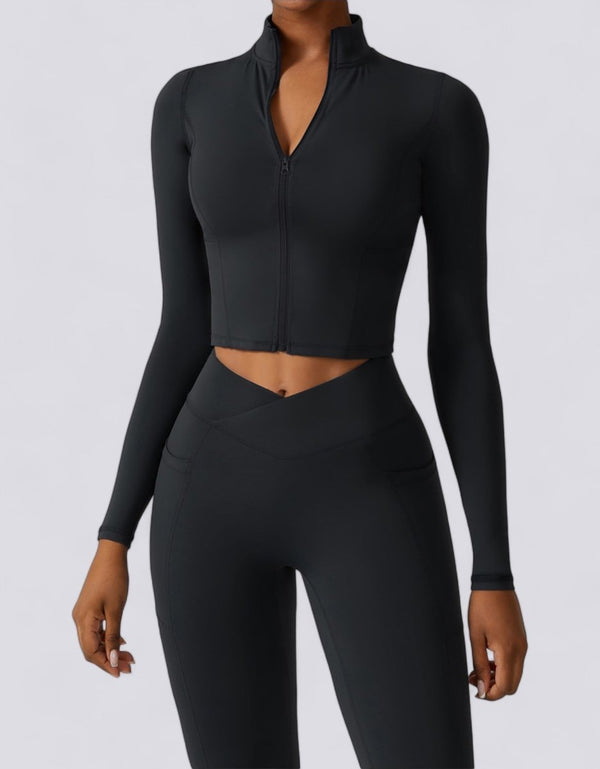Women's Athletic Yoga Set - Long-Sleeve Crop Top Sports Jacket & Leggings