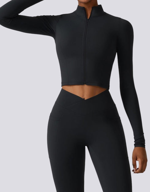 Women's Athletic Yoga Set - Long-Sleeve Crop Top Sports Jacket & Leggings