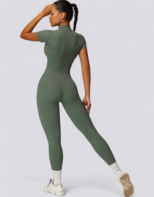 Women's Jumpsuit Short Sleeved Zip Up - Army Green