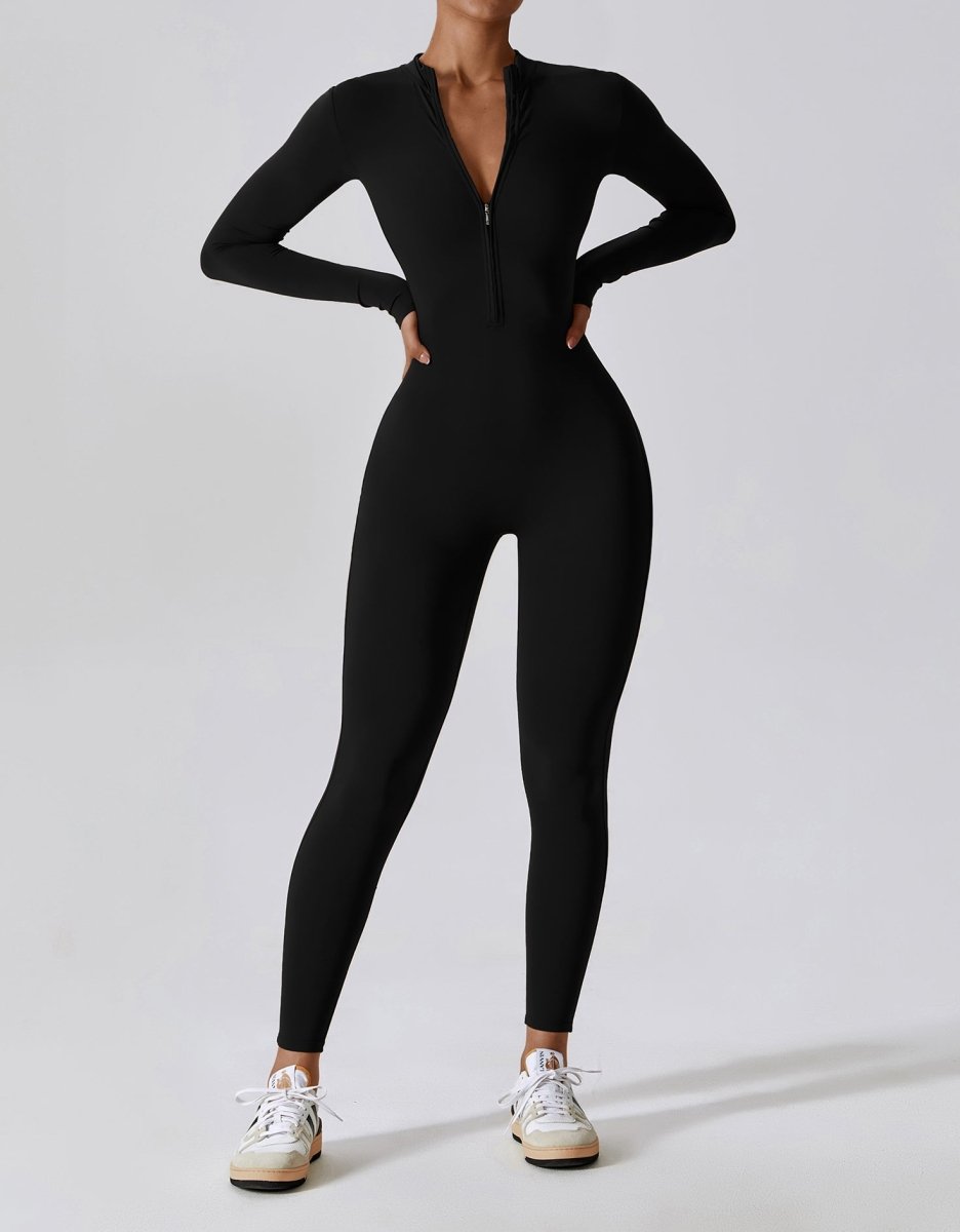 Tight Full Sleeve Playsuit Zipper Front Long Sleeve Jumpsuit Black - Main Image